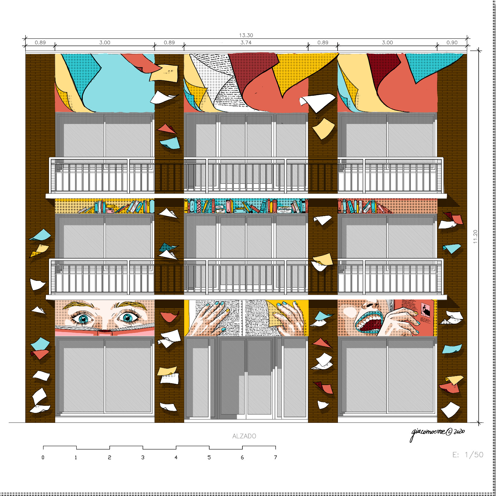 Dibujo de la fachada de la Biblioteca Municipal.